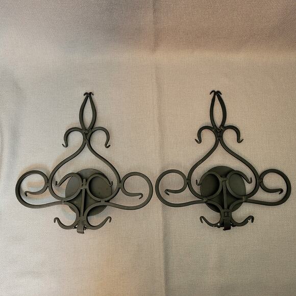 Pair Black Wrought Iron Hand Forged Pillar Candle Wall Sconces - Picture 10 of 12